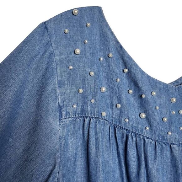 Elliott & Vine Blue Tiered Chambray Tencel Pearl Bell Sleeves Dress Size 3X - Picture 4 of 9